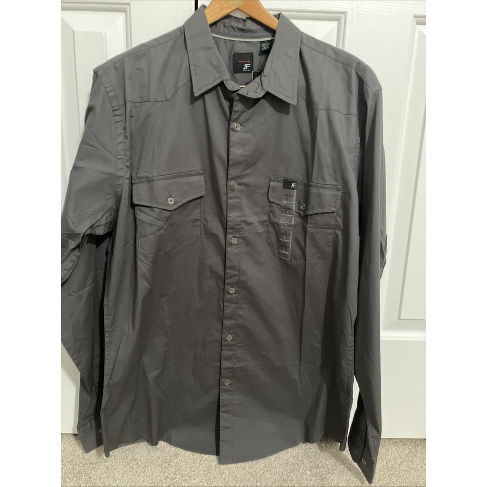 JF J Ferrar Men's Large Modern Fit L/S Gray Button Front Shirt With Pockets NWT